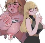  1girl absurdres animal_print belt bikini bikini_top_lift blonde_hair blush breasts closed_eyes clothes_lift commentary_request cow_print cow_print_bikini cow_print_thighhighs gyaru highres huge_breasts lactation large_breasts looking_at_viewer machiko_machi milking_machine nipples open_mouth original print_bikini print_thighhighs simple_background swimsuit teeth thighhighs tongue turtleneck upper_teeth_only white_background 