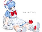  1girl angel_wings apple apron bandaid bandaid_on_knee bandaid_on_leg black_eyes blue_hair bow chest_bow collared_shirt commentary double_bun food frills fruit gloves hair_bun hair_ornament halo leg_warmers original puffy_short_sleeves puffy_sleeves red_bow red_halo red_shoes shirt shoes short_sleeves simple_background sitting solo untranslatable_commentary white_gloves wings wolrero 