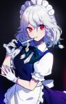 1girl apron black_background breasts buttons collared_shirt commentary eyelashes gloves green_ribbon hair_between_eyes hair_ribbon highres holding holding_knife izayoi_sakuya knife looking_at_viewer maid maid_apron maid_headdress medium_breasts medium_hair neck_ribbon parted_lips puffy_short_sleeves puffy_sleeves red_eyes ribbon shirt short_sleeves sidelocks simple_background solo touhou tress_ribbon white_gloves white_hair white_shirt wing_collar yuura 