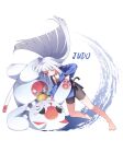  1girl :3 animal_costume animal_ears barefoot bell belt bike_shorts black_belt black_eyes blue_dougi blunt_sidelocks breasts bright_pupils cat_costume chokkon cleavage colored_eyelashes colored_inner_animal_ears commentary_request dot_nose dougi dual_persona fighting floating_hair full_body hand_grab hand_on_another's_neck highres hime_cut japan_(ppfjvdjudk54073) judo knees kokkimusume korean_commentary long_hair long_sleeves looking_at_another looking_down martial_arts medium_breasts nail_polish neck_bell ofuda ofuda_on_clothes open_mouth paw_print personification rabbit_ears red_eyes sidelocks single_off_shoulder snout solid_circle_eyes sweatdrop tearing_up thighs toenail_polish toenails upside-down very_long_hair white_eyelashes white_hair white_pupils wide_sleeves 