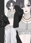  1girl absurdres arm_up black_hair black_jacket black_nails earrings fingernails grey_eyes grey_pants grey_sports_bra highres hoop_earrings idolmaster idolmaster_(classic) jacket jewelry kagenone kikuchi_makoto lips long_fingernails looking_at_viewer nail_polish navel pants short_hair solo sports_bra standing sweatpants zoom_layer 