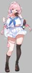 1girl :d ahoge artist_name asymmetrical_legwear bag bag_charm beret black_bag black_socks black_thighhighs blue_eyes blue_neckerchief braid braided_twintails breasts brown_shoes charm_(object) commentary_request crop_top cropped_shirt demon_tail donut drooling food full_body grey_background hair_ornament hairclip hands_up hat heart heart-shaped_pupils high-waist_skirt highres holding holding_food huge_breasts indie_virtual_youtuber kanola_u kanola_u_(vtuber) loafers long_hair long_sleeves looking_at_viewer miniskirt mouth_drool neckerchief open_mouth parted_bangs penny_loafers pink_hair pink_tail plastic_bag pleated_skirt pointy_ears sailor_collar school_bag school_uniform self-portrait serafuku shirt shoes signature simple_background single_sock single_thighhigh skirt smile socks solo standing symbol-shaped_pupils tail thighhighs triangle_hair_ornament underboob very_long_hair white_hat white_sailor_collar white_serafuku white_shirt white_skirt x_hair_ornament 