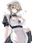  1girl absurdres alternate_costume animal_ears apron blue_eyes breasts cleavage cowboy_shot fake_animal_ears goddess_of_victory:_nikke heart highres jellyfish_cut large_breasts looking_at_viewer maid maid_apron maid_headdress parted_lips prika_(nikke) puffy_short_sleeves puffy_sleeves short_sleeves solo unconventional_maid velmillix white_background wrist_cuffs 