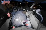  1boy 1girl animal_ear_fluff animal_ears car car_interior cat_ears cat_girl cat_tail chinese_commentary chinese_text cipher_(honkai:_star_rail) commentary_request fellatio grey_hair hand_on_another's_head highres honkai:_star_rail honkai_(series) motion_lines motor_vehicle night oral pixiv_username pov raywallin shirt steering_wheel swallowing tail twitter_username variant_set white_shirt 