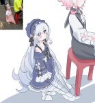  2girls black_coat blue_dress blue_hairband chair coat commentary crydel dress frilled_dress frills gradient_hair hair_over_one_eye hairband highres long_hair mahou_shoujo_no_majo_saiban multicolored_hair multiple_girls natsume_an-an neck_ribbon on_chair photo-referenced pink_hair purple_eyes reference_inset ribbon sakuraba_ema short_hair sitting slippers untranslatable_commentary white_hair white_ribbon white_slippers 