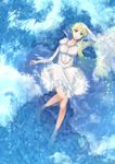  absurdres afloat aldnoah.zero aqua_eyes arm_up asseylum_vers_allusia bare_legs barefoot blonde_hair breasts ccjn dress highres large_breasts long_hair partially_submerged reflection solo sparkle water wet wet_clothes white_dress 
