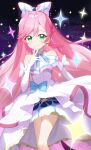  1girl bare_shoulders blue_bow blue_skirt blush bow braid closed_mouth commentary_request cure_prism dress elbow_gloves gloves green_eyes hair_between_eyes hair_bow hand_to_own_mouth hand_up highres hirogaru_sky!_precure long_hair nijigaoka_mashiro pink_hair precure rekareka skirt smile solo twin_braids very_long_hair white_bow white_dress white_gloves 
