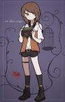  1girl ankle_boots bare_shoulders belt belt_buckle birdcage black_belt black_boots black_ribbon black_shorts black_socks boots brown_eyes brown_hair buckle cage camera closed_mouth clothing_cutout commentary_request fatal_frame fatal_frame:_maiden_of_black_water floral_background flower gradient_background hands_up holding holding_camera inset_border kneehighs kozukata_yuuri long_hair looking_at_viewer nekokumatta orange_shirt outside_border plant purple_background red_flower ribbon shirt short_sleeves shorts shoulder_cutout sleeve_ribbon socks solo song_name spider_lily standing strapless strapless_shirt thigh_belt thigh_strap vines white_shirt 