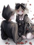  1boy 1girl absurdres aegyo_sal animal_ears artist_name black_bow black_hair black_shirt blonde_hair blunt_bangs blurry blurry_background blush bow breasts cat_boy cat_ears cat_girl closed_mouth commentary dress dress_bow eyelashes falling_petals feet_out_of_frame frilled_dress frills gothic_lolita hair_bow halterneck hand_on_another's_hand highres juliet_sleeves lolita_fashion long_hair long_sleeves looking_at_viewer looking_back lulu_(oysi_mysi) nose original oysi_mysi petals puffy_sleeves red_eyes red_petals shadow shirt short_hair short_twintails sidelocks signature sitting slit_pupils small_breasts sweatdrop twintails untranslatable_commentary white_background yokozuwari 