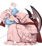 1girl 258n back_bow bat_wings blue_hair blush bow capelet charisma_guard check_translation commentary frilled_capelet frilled_skirt frills hat hat_ribbon highres long_hair long_sleeves looking_at_viewer mob_cap open_mouth pink_capelet pink_hat pink_shirt pink_skirt red_bow red_eyes remilia_scarlet ribbon shirt simple_background skirt skirt_set smile solo touhou translation_request white_background wings 