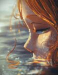  1girl absurdres brown_hair close-up commentary day english_commentary from_side half-closed_eyes highres looking_at_viewer original ottilie_(spindle_(aidenr0)) partially_submerged solo spindle_(aidenr0) sunlight water wet 