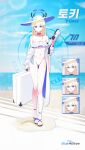  1girl absurdres alternate_costume assault_rifle bare_legs beach bikini blonde_hair blue_archive blue_bow blue_eyes blue_halo bow closed_mouth commentary full_body gun h&amp;k_g11 halo hat hat_bow highres holding holding_gun holding_suitcase holding_weapon jacket kiwi_(uwee8553) long_hair microphone multiple_expressions navel ocean open_clothes open_jacket open_mouth rifle sandals smile solo stomach suitcase sun_hat swimsuit toes toki_(blue_archive) very_long_hair weapon white_bikini white_hat white_jacket 