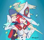  1girl :d \m/ alcor_(little_witch_academia) bird blue_background breasts bright_pupils cape cleavage collarbone commentary commission english_commentary eyelashes hair_between_eyes happy hat highres holding little_witch_academia long_hair mangodevourer open_mouth red_cape red_eyes red_hair shiny_chariot simple_background smile sparkle teeth twitter_username upper_body upper_teeth_only white_hat white_pupils witch_hat 