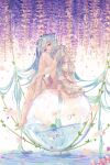  1girl barefoot blue_eyes blue_hair bubble dress falling_petals flower hatsune_miku highres holding_own_leg long_hair looking_at_viewer petals pink_dress plant shuryukan sitting solo toes twintails vines vocaloid water wisteria 