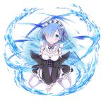  1girl apron between_legs black_ribbon black_sleeves blue_eyes blue_hair blush breasts cleavage detached_sleeves dress flower frilled_apron frilled_sleeves frills full_body game_asset garter_straps grand_summoners hair_ornament hair_over_one_eye hair_ribbon hand_between_own_legs head_wreath looking_at_viewer maid maid_headdress medium_breasts neck_ribbon official_art pink_ribbon re:zero_kara_hajimeru_isekai_seikatsu rem_(re:zero) ribbon ribbon_trim roswaal_mansion_maid_uniform short_hair simple_background sitting solo thighhighs waist_apron wariza water white_apron white_background white_flower white_thighhighs x_hair_ornament 