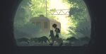  1boy abandoned animal backpack bad_id bad_twitter_id bag black_shoes clamjiejiejie faceless faceless_male highres inactive_account ladder male_focus nature original plant raccoon shoes short_hair shorts train walking 