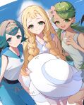  3girls bare_shoulders blue_eyes blue_hair blue_pants blue_sailor_collar blue_sky blunt_bangs blush braid breasts capri_pants closed_mouth collarbone commentary_request dark-skinned_female dark_skin dress flower gold_hairband green_eyes green_hair green_headband grey_overalls hair_flower hair_ornament hairband hat headband highres holding holding_unworn_clothes holding_unworn_hat lana_(pokemon) lillie_(pokemon) long_hair looking_at_viewer mallow_(pokemon) multiple_girls nii_(marimo_416) one-piece_swimsuit open_mouth overall_shorts overalls pants pokemon pokemon_sun_and_moon sailor_collar shirt short_hair sky sleeveless sleeveless_dress small_breasts smile sun_hat swept_bangs swimsuit swimsuit_under_clothes twin_braids twintails two-tone_eyebrows unworn_hat unworn_headwear white_dress white_hat yellow_hairband 