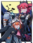  2girls a.i._voice adachi_rei alternate_costume armor bare_tree bat_(animal) black_dress black_thighhighs carrying commentary_request detached_sleeves disembodied_head dress drill_hair frilled_dress frills full_moon halloween helmet highres kasane_teto looking_at_viewer moon multiple_girls orange_eyes orange_hair princess_carry red_eyes red_hair teckinder thighhighs tree twin_drills utau 