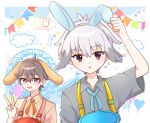  2boys :o amusement_park animal_ear_hairband animal_ears anime_coloring apron asako_(puiu9k) balloon bare_arms blue_apron blue_hairband blue_ribbon border brown_hair buckle carousel cloud collared_shirt commentary_request dot_nose eyelashes eyes_visible_through_hair fake_animal_ears ferris_wheel floppy_ears glasses grey_hair grey_shirt hair_between_eyes hair_ears hairband halftone halftone_background hand_on_headwear happy heart_balloon highres light_blush male_focus multiple_boys neck_ribbon open_mouth orange_apron orange_hairband orange_ribbon orange_shirt outside_border precure rabbit_ear_hairband rabbit_ears red-framed_eyewear red_eyes ribbon shirt short_hair short_sleeves signature string_of_flags surprised toyama_daifuku toyama_daifuku_(civilian) toyama_satoru upper_body v white_background white_border wonderful_precure! 
