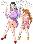  2girls black_hair charlotte_pudding commentary_request crossed_legs dress dundun998 earrings extra_arms extra_eyes hand_on_another's_head highres jewelry korean_commentary korean_text long_hair multiple_girls nico_robin one_piece petals pink_dress pink_petals red_shoes shoes sitting smile speech_bubble translation_request twintails yellow_shoes 