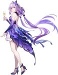  1girl backless_dress backless_outfit bare_back bare_legs bare_shoulders bug butterfly butterfly_hair_ornament castorice_(gossamer_flutter)_(honkai:_star_rail) castorice_(honkai:_star_rail) champagne_flute commentary cup detached_sleeves dress drinking_glass english_commentary full_body hair_ornament holding holding_cup honkai:_star_rail honkai_(series) long_hair looking_at_viewer low_twintails official_alternate_costume official_art purple_butterfly purple_dress purple_eyes purple_hair solo standing third-party_source transparent_background twintails very_long_hair 