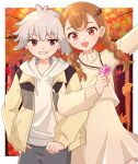  1boy 1girl acorn_hair_ornament alternate_costume antenna_hair asako_(puiu9k) autumn autumn_leaves border braid brown_hair casual clenched_hand collared_jacket commentary_request cowboy_shot day denim dot_nose eyelashes falling_leaves forest ginkgo_leaf grey_hair grey_pants grin hair_between_eyes hair_ears hair_ornament hair_over_shoulder hairclip hand_in_pocket heads_together high-waist_skirt highres hood hood_down hoodie inukai_komugi jacket jeans jewelry leaf leaf_hair_ornament light_blush locked_arms long_hair long_sleeves loose_hair_strand medium_skirt multicolored_hair nature open_clothes open_jacket open_mouth outdoors outside_border pants paw_print pendant pink_eyes pleated_skirt pocket precure puffy_long_sleeves puffy_sleeves red_eyes short_hair skirt smile standing straight-on streaked_hair sweater toyama_daifuku toyama_daifuku_(civilian) twin_braids white_border white_hoodie white_skirt white_sweater wonderful_precure! yellow_jacket 