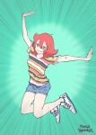  1girl absurdres ahoge aqua_background artist_name blue_shorts bright_pupils commentary emphasis_lines english_commentary eyelashes hair_between_eyes highres little_witch_academia mangodevourer medium_hair multicolored_shirt outstretched_arms red_eyes red_hair shiny_chariot shirt shoes short_shorts short_sleeves shorts simple_background smile solo spread_arms striped_clothes striped_shirt white_pupils white_shoes 