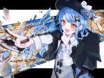  1girl :d bird_hat_ornament black_bow black_bowtie black_capelet black_hat blue_hair blue_necktie blue_skirt bow bowtie braid braided_hair_rings broken_glass capelet collared_shirt deerstalker glass grey_vest hair_bow hair_rings hand_on_own_chin hat hat_bow highres holding holding_magnifying_glass letterboxed long_sleeves magnifying_glass mahou_shoujo_no_majo_saiban necktie nekobanana_(m23453456) open_mouth plaid_clothes plaid_skirt pointing shirt short_hair skirt smile solo stained_glass tachibana_sherry upper_body vest white_shirt yellow_eyes 