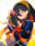  1boy 1girl bag black_hair blue_jacket blush brother_and_sister carmine_(pokemon) closed_eyes closed_mouth commentary eyelashes grabbing_another's_hair grin hair_between_eyes hairband hands_on_another's_head highres holding_another's_hair hug jacket kieran_(pokemon) long_hair long_sleeves mole mole_under_eye multicolored_hair pink_hair pokemon pokemon_scarlet_and_violet purple_hair red_hair shiro_(46isou) siblings simple_background smile twitter_username untranslatable_commentary yellow_bag yellow_hairband 