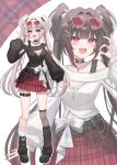  1girl :d absurdres black_choker black_hair black_leg_warmers black_shirt blunt_bangs blush breasts choker commentary_request different_zoom_layer eyewear_on_head hair_ornament highres honkai:_star_rail honkai_(series) jewelry leg_warmers long_hair looking_at_viewer medium_breasts miniskirt multicolored_nails necklace ok_sign pink_eyes red_skirt ring shirt sidelocks simple_background skirt smile sparkle_(honkai:_star_rail) sparxie_(candy-coated_waves)_(honkai:_star_rail) sparxie_(honkai:_star_rail) standing sunglasses thigh_strap twintails two_side_up very_long_hair white_hair white_shirt x_hair_ornament yukiunag1 zoom_layer 