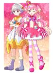  1boy 1girl anime_coloring antenna_hair asako_(puiu9k) bag bag_bow baggy_shorts beret blonde_hair blue_bow blue_bowtie boots border bow bowtie brooch buttons capelet clenched_hands closed_mouth coattails collared_capelet colored_tips commentary_request crossed_arms crown crown_earrings cure_wonderful dot_nose dress dress_bow earrings eyelashes footwear_bow full_body gradient_background grey_boots grey_hair hair_ears hairband happy hat hat_ornament heart heart_brooch heart_hat_ornament highres inukai_komugi jewelry lace-trimmed_wrist_cuffs lace_trim light_particles long_hair magical_boy magical_girl mini_crown multicolored_bow multicolored_hair one_eye_closed open_mouth outside_border pantyhose paw_pose petticoat pink_background pink_boots pink_bow pink_capelet pink_crown pink_dress pink_hair pink_pantyhose pink_wrist_cuffs pleated_dress precure puffy_short_sleeves puffy_sleeves purple_bow purple_bowtie purple_eyes red_eyes sailor_collar sailor_shirt shirt short_dress short_hair short_sleeves shorts single_stripe smile sparkle standing striped_bow striped_bowtie striped_clothes striped_pantyhose tailcoat tareme toyama_daifuku toyama_daifuku_(magical_boy) tsurime two-tone_background two-tone_hair two-tone_pantyhose two_side_up very_long_hair waist_bag white_bag white_border white_hat white_shirt white_sleeves wonderful_precure! wrist_cuffs yellow_background yellow_hairband yellow_pantyhose yellow_sailor_collar yellow_shorts 