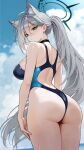  1girl ahoge animal_ear_fluff animal_ears ass back_cutout backless_outfit blue_archive blue_eyes blue_one-piece_swimsuit breasts broken_halo clothing_cutout commentary competition_swimsuit cross cross_hair_ornament english_commentary from_behind from_below grey_hair hair_ornament halo highleg highleg_one-piece_swimsuit highres inverted_cross large_breasts legs_together long_hair looking_at_viewer looking_back looking_down making-of_available median_furrow mismatched_pupils one-piece_swimsuit ponytail shiroko_terror_(blue_archive) simple_background solo standing swimsuit very_long_hair wet white_background wolf_ears wolf_girl zeragoes 