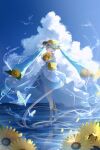  1girl absurdres aqua_eyes aqua_hair blush bow brown_hat closed_mouth cloud commentary_request cumulonimbus_cloud double-parted_bangs dress fingerless_gloves flower gloves hair_between_eyes hat hat_bow hat_flower hat_ornament hatsune_miku highres jakko_chan leaf_hat_ornament long_hair looking_at_viewer magical_mirai_(vocaloid) magical_mirai_miku magical_mirai_miku_(2026) outdoors shirt sleeveless sleeveless_dress solo sunflower twintails vocaloid white_bow white_dress white_gloves white_shirt yellow_eyes yellow_flower 