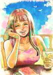  1girl ^_^ bird black_hair blue_sky blunt_bangs blush closed_eyes commentary_request dress eyelashes furol_nicoco head_rest highres long_hair nico_robin one_piece sky smile solo upper_body 