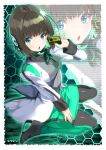  1girl artist_name black_bow black_pantyhose black_shoes blue_eyes border bow breasts brown_hair coat commentary full_body green_pantyhose green_skirt grey_shirt hand_up holding honeycomb_(pattern) honeycomb_background humagear_headphones is_(kamen_rider_01) kamen_rider kamen_rider_01_(series) looking_at_viewer looking_to_the_side medium_breasts medium_hair open_mouth pantyhose pencil_skirt progrisekey rising_hopper_progrisekey robot_ears shirt shoes sitting skirt solo two-tone_pantyhose wariza white_border white_coat yuuzii zoom_layer 