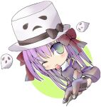  1girl black_thighhighs blush bow chibi chibi_only commentary_request dress full_body garter_straps ghost grey_shoes hair_bow hanimitsu hat heart juliet_sleeves long_hair long_sleeves looking_at_viewer lowres one_eye_closed open_mouth pointy_ears priest_(ragnarok_online) puffy_sleeves purple_dress purple_hair ragnarok_online red_bow sheet_ghost shoes simple_background smile solo thighhighs top_hat whisper_(ragnarok_online) white_background white_hat 