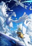  antennae beak bird blue_sky blue_theme celebi closed_eyes cloud colored_skin commentary_request dutch_angle fairy fairy_wings fangs feathers flying green_skin lugia no_humans ocean outdoors pelican pelipper pokemon pokemon_(creature) pokemon_focus seagull skin_fangs sky smile wailmer wailord water whale white_feathers wings wingull yamanashi_taiki |_| 