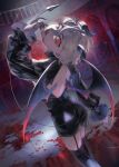  1boy 5ayonarancha absurdres aged_down alternate_costume black_thighhighs blonde_hair blood commentary_request demon_tail demon_wings dio_brando from_behind garter_straps head_tilt highres horns jojo_no_kimyou_na_bouken long_sleeves looking_at_viewer male_focus phantom_blood red_eyes short_hair solo tail thighhighs wings 