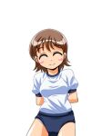  1girl ^_^ arms_behind_back azukino_anko_(manjuverunu) blush_stickers breasts brown_hair buruma closed_eyes closed_mouth cowboy_shot game_asset gym_shirt gym_uniform large_variant_set leaning_forward lowres manjuverunu_no_sen_otome non-web_source official_art self-datamine shirt short_sleeves simple_background siubomanjyu small_breasts smile solo standing tachi-e transparent_background variant_set 