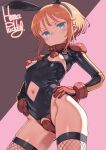  1girl animal_ears artist_name black_bodysuit blush bodysuit breasts closed_mouth commentary_request fake_animal_ears fishnet_thighhighs fishnets gloves gundam gundam_zz hands_on_own_hips highres looking_at_viewer mobile_suit_gundam orange_hair pasties puddinghomhom puru_two rabbit_ears red_gloves short_hair small_breasts solo thighhighs 