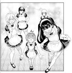  5girls amate_nano antenna_hair blank_eyes breasts closed_eyes commentary_request crossed_bangs curtsey dress garter_straps hachimure_kuin hands_on_own_hips height_difference izumida_fuyuki kiriya_kaika large_breasts looking_to_the_side madara_rumble maid maid_headdress multicolored_hair multiple_girls official_art one_eye_closed open_mouth puffy_short_sleeves puffy_sleeves shijou_mifune short_dress short_sleeves single_sidelock smile streaked_hair subaru_reo sweatdrop thighhighs two-tone_hair wrist_cuffs 