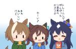  3girls :3 :d ^_^ animal_ears blue_background blue_hair blue_shirt blush brown_hair cheval_grand_(umamusume) chibi chibi_only closed_eyes commentary_request cookie ear_covers food gomashio_(goma_feet) gradient_background green_hoodie holding holding_cookie holding_food hood hood_down hoodie horse_ears horse_girl horse_tail long_hair long_sleeves multicolored_hair multiple_girls open_mouth shirt short_hair siblings single_ear_cover single_hair_intake sisters smile streaked_hair tail translation_request twintails umamusume upper_body v_sisters verxina_(umamusume) vivlos_(umamusume) white_background white_streaks |_| 