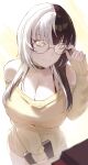  1girl absurdres adjusting_eyewear bare_shoulders black_choker black_hair book breasts choker cleavage closed_eyes commentary english_commentary glasses grey_hair hand_up highres holding holding_book hololive hololive_english kurochanai large_breasts long_hair long_sleeves looking_at_viewer multicolored_hair no_pants off-shoulder_sweater off_shoulder round_eyewear shiori_novella sleeves_past_wrists smile solo split-color_hair sweater virtual_youtuber yellow_eyes yellow_sweater 