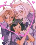  3girls ahoge animal_ears bandaid bandaid_on_cheek bandaid_on_face biwa_hayahide_(umamusume) black_hair blue_eyes blush bnw_(umamusume) bow bowtie breasts brown_hair closed_eyes closed_mouth glasses grey_hair hair_between_eyes hair_ornament hairclip heart heart_arms heart_arms_trio highres horse_ears horse_girl long_hair multiple_girls narita_taishin_(umamusume) open_mouth parted_lips pleated_skirt puffy_short_sleeves puffy_sleeves purple_bow purple_bowtie purple_shirt sailor_collar sailor_shirt school_uniform semi-rimless_eyewear shirt short_hair short_sleeves skirt smile tracen_school_uniform ufojellies umamusume under-rim_eyewear white_sailor_collar white_skirt winning_ticket_(umamusume) yellow_eyes 