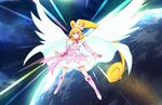  aida_mana arm_warmers ayatori_(sensei_heroism) blonde_hair boots bow cape choker clenched_hand cure_heart cure_heart_parthenon_mode curly_hair dokidoki!_precure flying full_body half_updo highres knee_boots long_hair magical_girl pink_bow pink_eyes pink_footwear pink_sleeves planet ponytail precure skirt smile solo white_skirt wings 