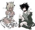  1boy 1girl ahoge animal_ears animal_print arm_at_side arm_strap bandaged_hand bandages bandaid bandaid_on_arm bell bikini black_hair black_jacket black_leg_warmers blonde_hair breasts brown_shoes cat_boy cat_ears cat_tail chinese_text chongfeng235 closed_mouth collar collarbone cow_ears cow_girl cow_print cow_print_bikini cow_print_sleeves cow_print_thighhighs dark-skinned_female dark_skin degrees_of_lewdity detached_sleeves earrings expressionless flustered from_above from_below green_eyes green_tank_top hair_between_eyes hair_intakes hand_on_floor hand_on_own_chest hands_on_floor highres hood hooded_jacket jacket jacket_partially_removed jewelry jingle_bell knees_up kylar_(degrees_of_lewdity) kylar_(male)_(degrees_of_lewdity) large_breasts leaning_forward leg_warmers long_sleeves looking_at_viewer multiple_arm_straps navel nekomata pale_skin player_character_(degrees_of_lewdity) player_character_(female)_(degrees_of_lewdity) print_bikini print_thighhighs purple_eyes red_collar seiza shoes short_hair short_shorts shorts simple_background single_earring sitting sleeves_past_wrists sweatdrop swimsuit tail taller_female_shorter_male tan tank_top thighhighs white_background 