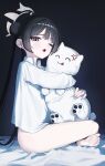  1girl absurdres anger_vein barefoot black_hair blue_archive bottomless braid braided_base bun_with_braided_base collared_shirt doodle_sensei_(blue_archive) double_bun english_commentary feet from_side grey_eyes grey_halo hair_bun halo highres holding holding_stuffed_toy indian_style kisaki_(blue_archive) long_hair naked_shirt one_eye_closed sensei_(blue_archive) shirt sitting soles solo stuffed_animal stuffed_toy thighs toes twintails very_long_hair white_shirt zennyxd 