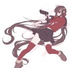  1girl black_skirt bow bowtie brown_hair brown_shoes closed_mouth commentary danganronpa_(series) danganronpa_v3:_killing_harmony english_commentary gun harukawa_maki holding holding_gun holding_weapon long_hair long_sleeves lytoid miniskirt pleated_skirt red_eyes red_shirt red_thighhighs shirt shoes simple_background skirt solo sweatdrop thighhighs twintails very_long_hair weapon white_background white_bow white_bowtie 