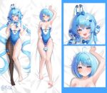  1girl :d absurdly_long_hair absurdres ahoge animal_ears arahashi_tabi arm_up armpits barefoot black_pantyhose blue_border blue_bow blue_bowtie blue_eyes blue_hair blue_leotard border bow bow_legwear bowtie breasts cleavage commentary covered_navel creature dakimakura_(medium) fake_animal_ears fishnet_thighhighs fishnets flower frilled_gloves frilled_leotard frilled_shrug frills gloves hair_flower hair_ornament hairclip hand_on_own_chest heart heart_hair_ornament highres leotard long_hair lying medium_breasts multiple_views no_shoes on_back on_bed open_mouth orange_bow pantyhose parallel_hairclips pungdangi_(arahashi_tabi) rabbit_ears sheet_grab short_hair shrug_(clothing) single_leg_pantyhose sleeveless_shrug smile stellive suisen_(suisenhwa) thighhighs too_many_watermarks triangle_hair_ornament twintails twitter_username very_long_hair virtual_youtuber watermark watermark_grid white_gloves white_shrug white_thighhighs x_hair_ornament 