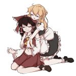  2girls apron ascot black_shoes black_skirt black_vest blonde_hair bow braid brown_hair brown_shoes closed_eyes closed_mouth commentary detached_sleeves frilled_bow frilled_hair_tubes frills green_bow hair_bow hair_tubes hakurei_reimu highres hot_dog555 hug hug_from_behind kirisame_marisa long_hair midriff missing_headwear multiple_girls navel open_mouth red_bow red_skirt ribbon-trimmed_sleeves ribbon_trim shoes side_braid single_braid sitting skirt skirt_set smile socks touhou vest waist_apron white_apron white_bow white_socks yellow_ascot yuri 